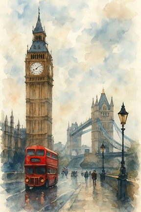 London Watercolor premium wall canvas with MDF frame and glass front panel