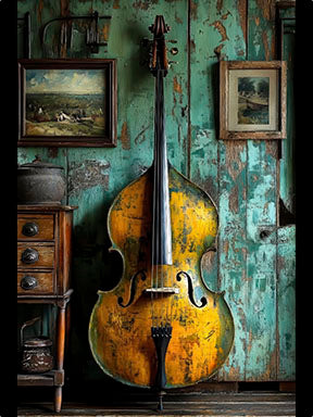 Vintage cello canvas wall art with MDF frame and glass front panel