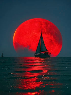 Red Moon Sailboat premium canvas wall art with MDF frame and glass front panel