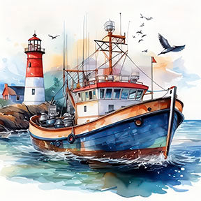 Colorful fishing boat canvas near lighthouse with MDF frame and glass front panel