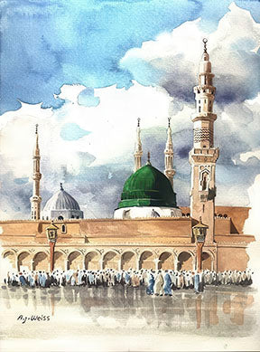 Masjid Al-Nabawi Canvas watercolor with MDF frame and glass front panel on premium, water-resistant canvas