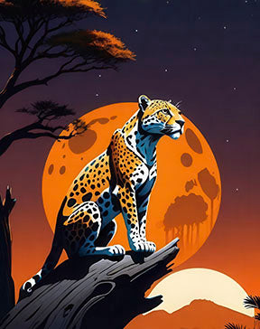 Moon Leopard Canvas featuring stylish leopard under orange moon with MDF frame and glass front panel