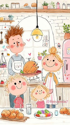 Illustrated happy family enjoying time in cozy kitchen canvas art with soft colors and warm details