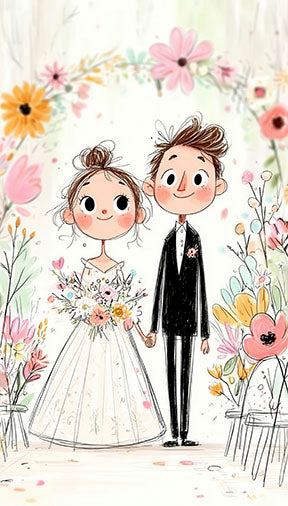 Whimsical wedding couple canvas art with bride and groom surrounded by soft floral details