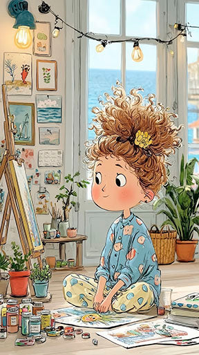 Whimsical artist girl painting in sunlit seaside studio canvas wall art