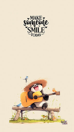 Whimsical panda smile canvas art with cheerful panda playing guitar and inspirational quote