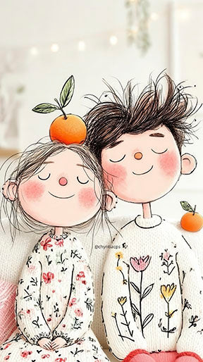 Whimsical couple orange canvas wall art with soft blush tones and playful orange details on premium frameless canvas