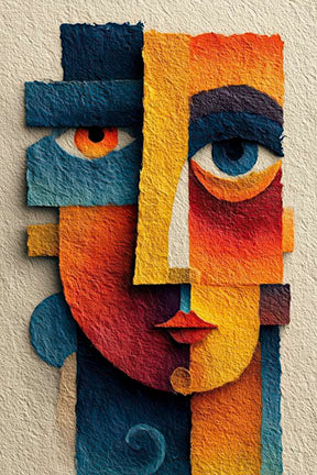 Abstract cubist face canvas wall art with geometric shapes in warm and cool tones on premium canvas
