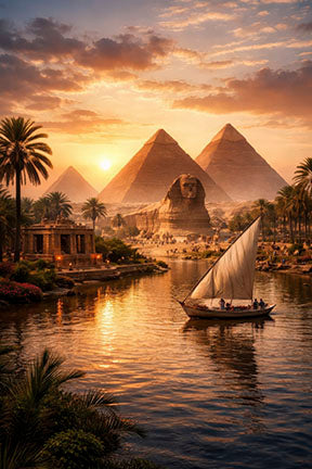 Sunset over Nile River with sailboat, palm trees, and Pyramids of Giza canvas wall art