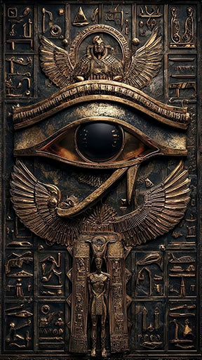 Eye of Horus Egyptian relief canvas wall art with metallic bronze tones and hieroglyphics