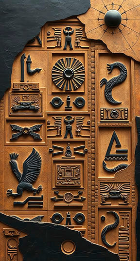 Ancient Egyptian hieroglyph relief canvas wall art with symbolic carvings in bronze tones