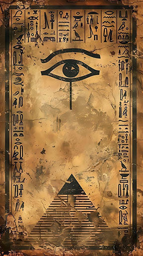 Eye of Horus and Pyramid ancient Egyptian canvas wall art with hieroglyphs and parchment textures