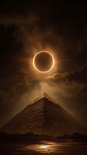 Solar eclipse above ancient pyramid canvas wall art with glowing light and mystical atmosphere