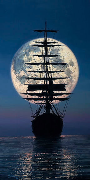 Moonlit sailing ship silhouetted against full moon on canvas wall art with deep blue ocean tones