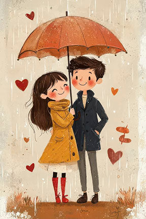Romantic couple sharing umbrella in rain canvas wall art with warm autumn tones and hearts