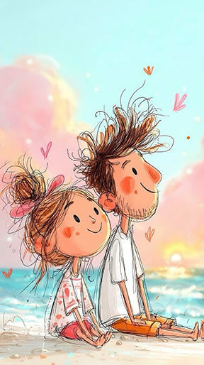 Whimsical couple sitting by the sea at sunset on pastel canvas wall art