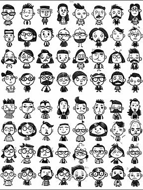 Black-and-white cartoon faces illustration on canvas titled Different Faces celebrating diversity and expression