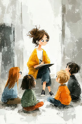 Watercolor canvas of teacher reading to children titled Story Time in the Classroom