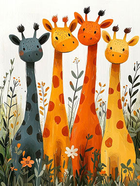 Playful giraffe friends canvas wall art for kids rooms with colorful hand-painted style