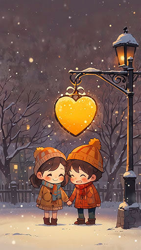 Winter Love Glow Canvas with couple under glowing heart street lamp in snowy scene