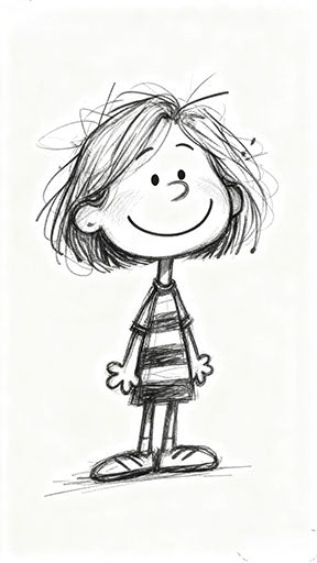 Minimalist cute sketch child canvas with warm smile in black and white