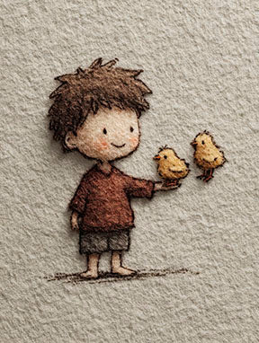 Soft illustration of child gently interacting with birds on Gentle Friendship Kids Canvas in warm earthy tones