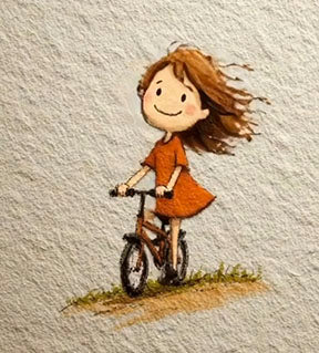 Joyful Ride Canvas Art of a happy girl riding bicycle in warm tones with MDF frame and glass front panel.