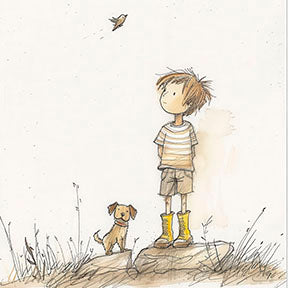Child & Puppy Adventure Canvas showing child and puppy gazing upward with soft watercolor tones