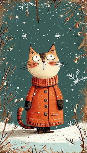 Winter cat canvas art with cozy cat in winter coat, falling snow, and delicate branches in warm tones