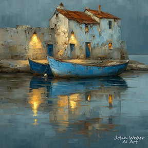 Coastal harbor canvas art showing rustic seaside houses and boats reflected in calm waters with muted blues and warm lights