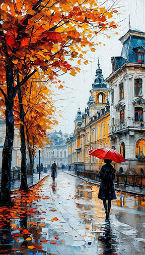 Autumn street canvas art of rainy cityscape with golden leaves and red umbrella in classic architecture setting