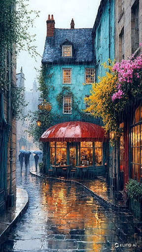 Rainy cafe street canvas art with warm glowing lights and wet cobblestone reflections on a rainy evening