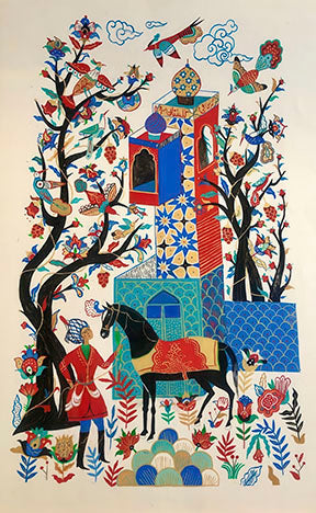Vibrant Persian Folklore Canvas Art with ornate architecture, blooming trees, birds, and traditional figure on horse in rich colors and intricate patterns.