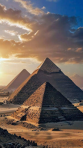 Giza Pyramids sunset canvas art with golden desert tones and dramatic clouds on premium canvas