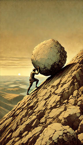 Sisyphus Perseverance Canvas Art showing figure pushing boulder uphill in warm earthy tones with MDF frame and glass front.