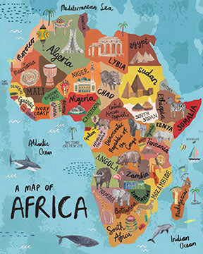 Illustrated Africa map canvas with countries, landmarks, wildlife, and soft colors for kids and classrooms