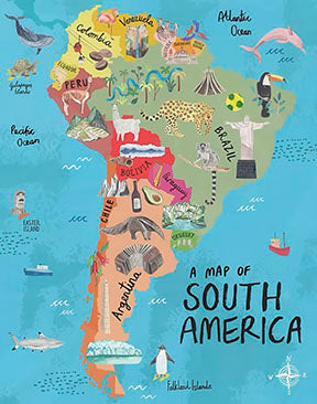 Colorful illustrated South America map canvas with landmarks and wildlife, perfect for educational spaces.