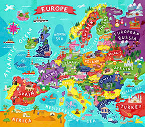 Colorful illustrated Europe map canvas with landmarks and playful icons on premium material