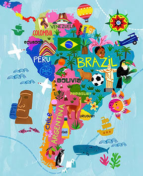 Colorful illustrated South America map canvas with landmarks and wildlife on premium material