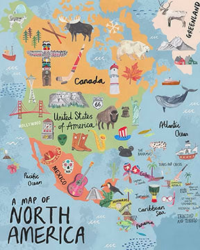 Illustrated North America map canvas with countries, landmarks, and wildlife in playful style for kids' rooms and classrooms