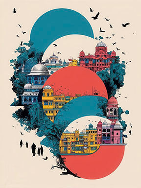 Abstract Heritage City canvas art with layered circles and vibrant urban silhouettes in bold colors
