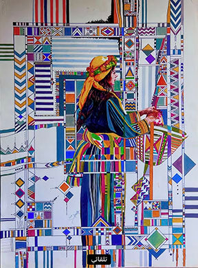 Modern cultural portrait canvas with vibrant geometric patterns and rich colors on premium canvas in MDF frame