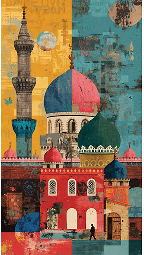 Modern Islamic architecture canvas with vibrant domes and minarets in bold layered colors on premium material