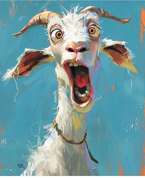 Playful goat expression canvas artwork with vibrant colors and wide-eyed goat portrait