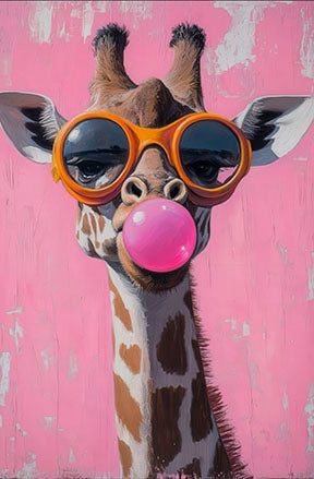 Playful giraffe canvas wall art with sunglasses and bubble gum in modern colorful style
