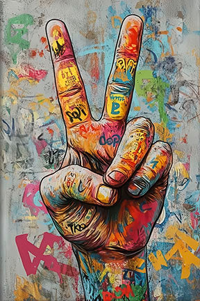 Colorful peace sign hand canvas with vibrant street-art colors on premium water-resistant canvas in MDF frame