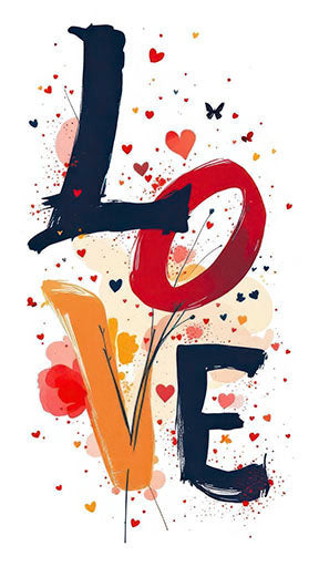 Colorful LOVE typography canvas wall art with vibrant brush strokes and hearts in MDF frame