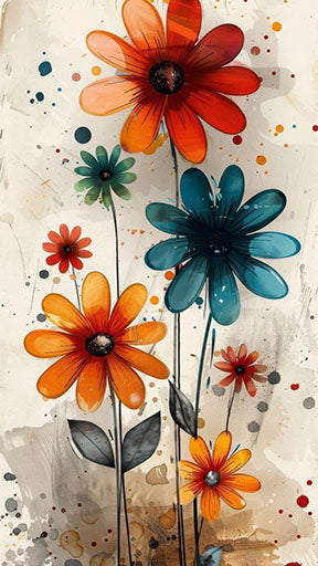 Colorful floral abstract canvas wall art with orange and teal flowers on neutral background