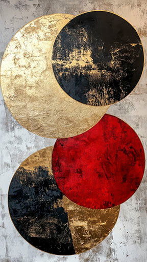 Abstract gold and red circles canvas with black accents on premium material in MDF frame