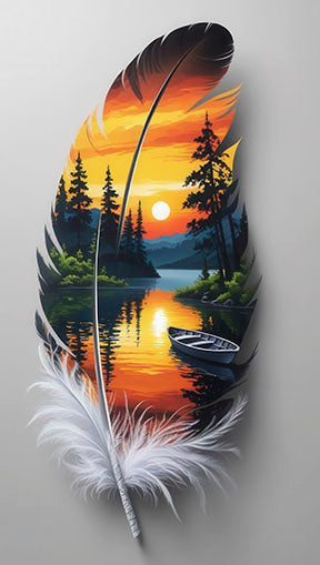 Feather-shaped canvas art of a sunset lake with pine trees in MDF frame